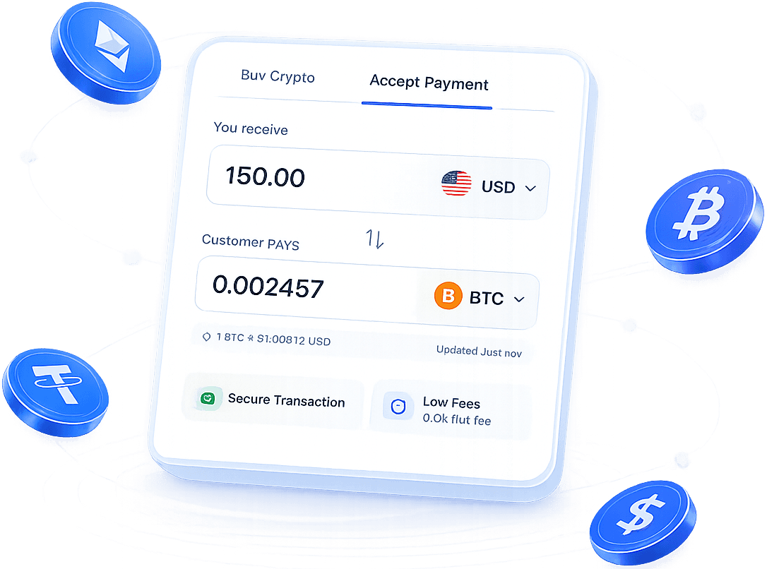 MongaPay payment widget with buy crypto and accept payment, surrounded by floating cryptocurrency coins