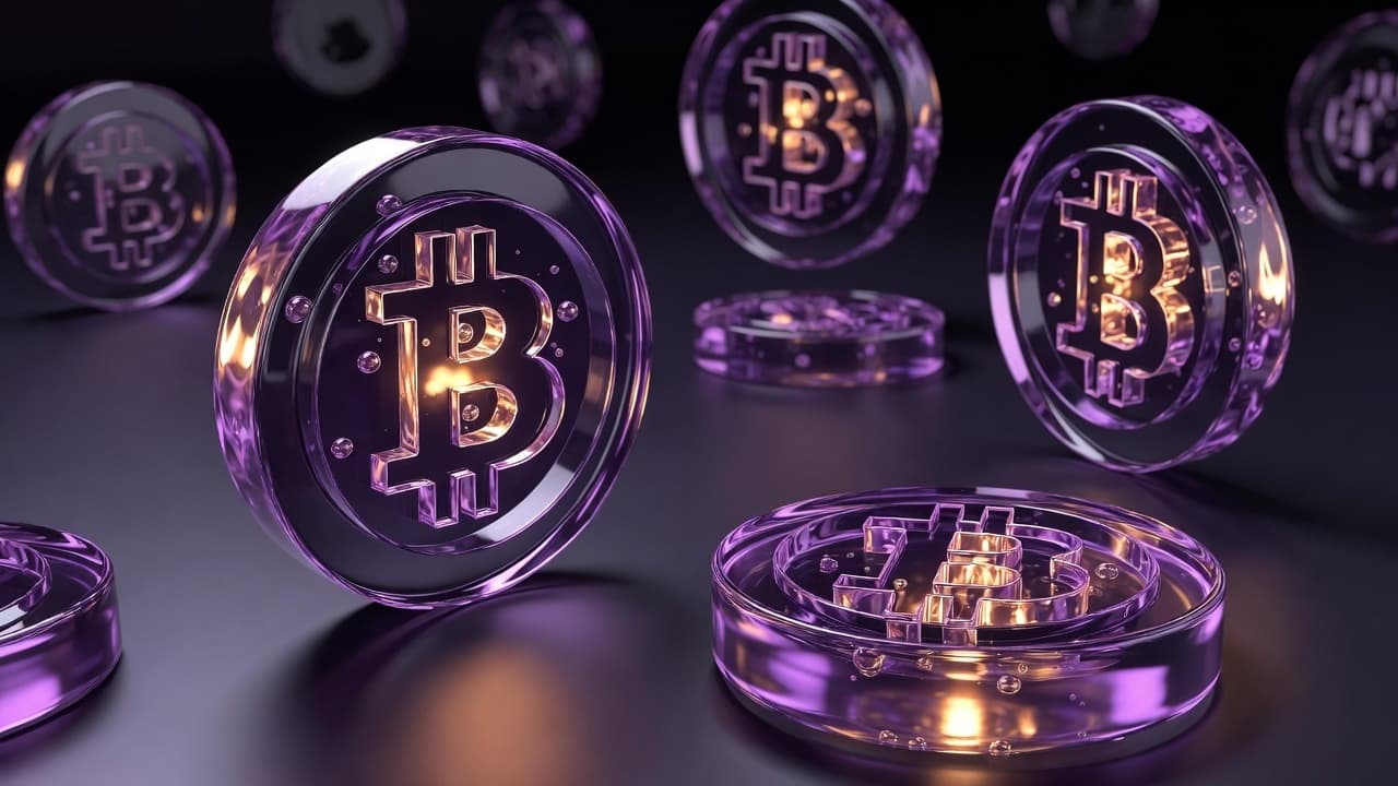 MongaPay — crystalline crypto coins with purple glow